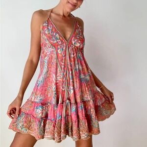 India Town Boho Vintage Silk Cotton Open Back Lightweight Halter Dress -